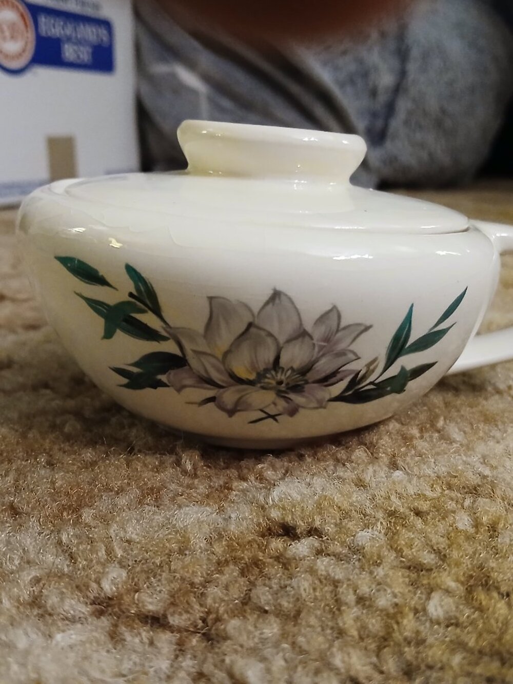 Antique Vintage Ceramic Lily Pond Sugar Bowl and Lid with Side Handle